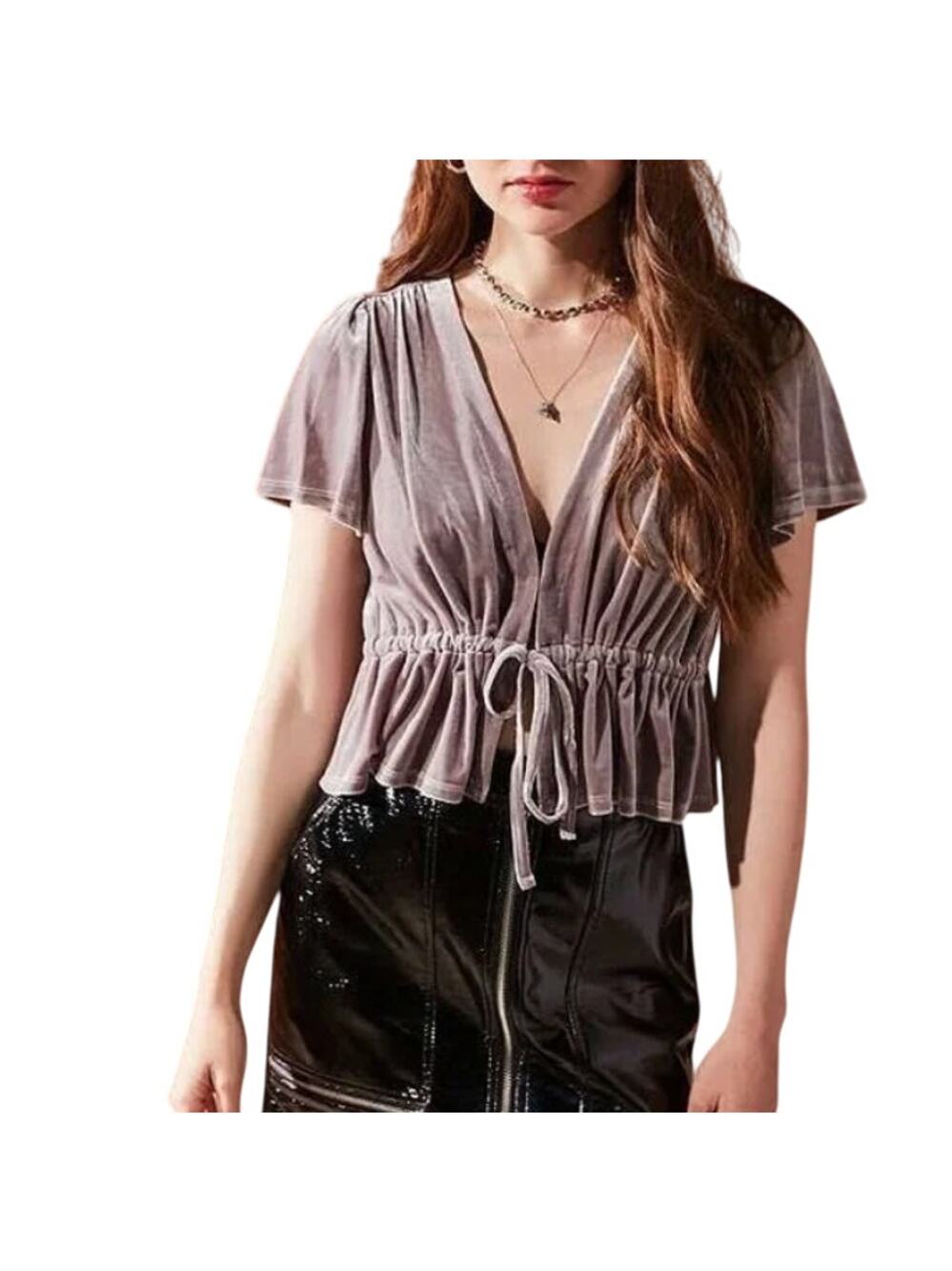 Urban Outfitters Goldie Velvet Tie Top Flutter Sleeve Size Small Silver Velour